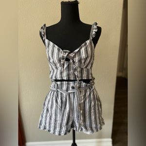 Express Striped Linen Set — High waisted shorts w/ belt and Cropped cami w/ tie